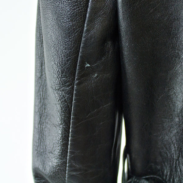 Black Leather with Blue Fox Fur Collar and Cuffs Coat - Size S