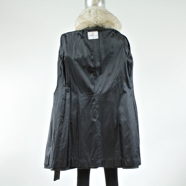 Black Leather with Blue Fox Fur Collar and Cuffs Coat - Size S