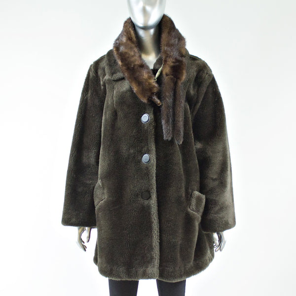 Brown Faux Fur Jacket with Full Skin Mink Scarf - Size M