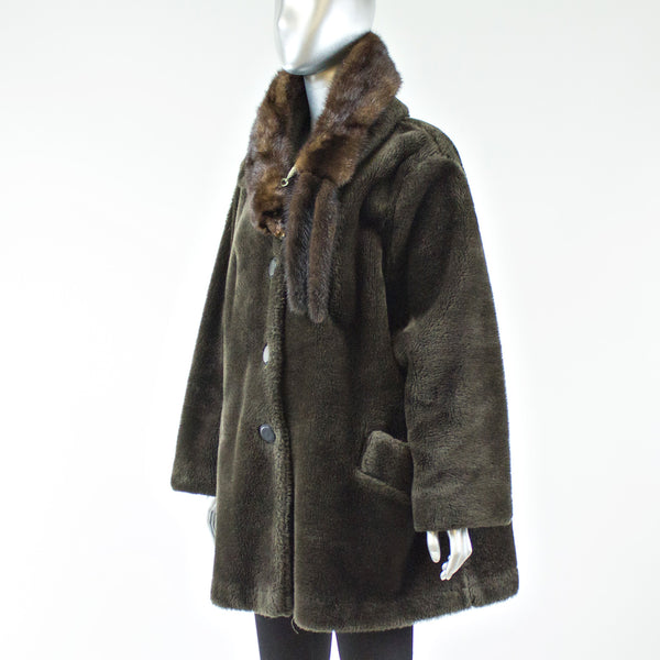 Brown Faux Fur Jacket with Full Skin Mink Scarf - Size M