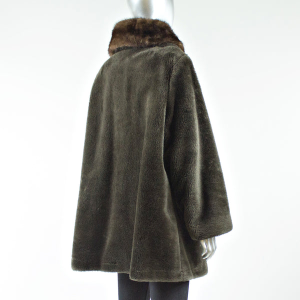 Brown Faux Fur Jacket with Full Skin Mink Scarf - Size M