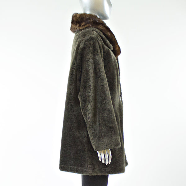 Brown Faux Fur Jacket with Full Skin Mink Scarf - Size M