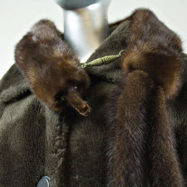 Brown Faux Fur Jacket with Full Skin Mink Scarf - Size M