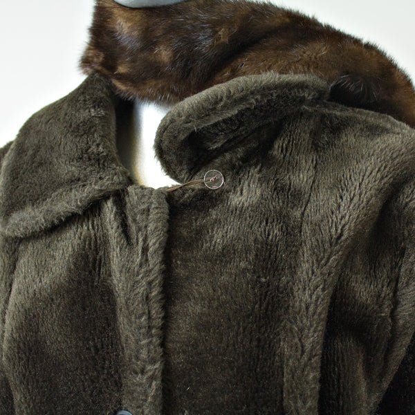 Brown Faux Fur Jacket with Full Skin Mink Scarf - Size M