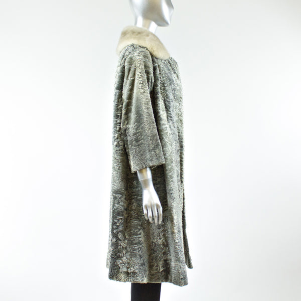 Grey Broadtail Lamb Coat with Mink Fur Collar - Size S