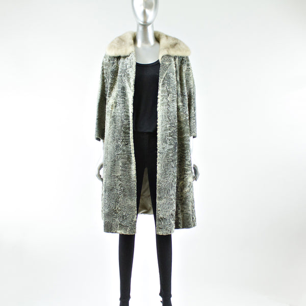 Grey Broadtail Lamb Coat with Mink Fur Collar - Size S
