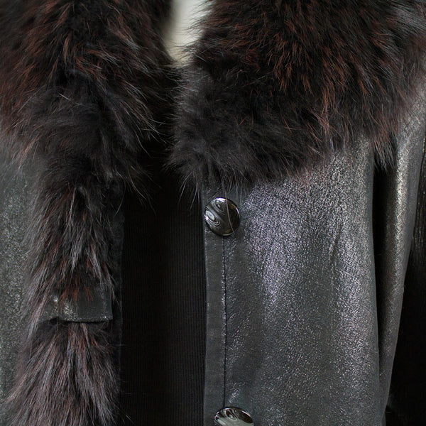 Black Napa Leather Coat with Raccoon Fur Collar - Size S/M