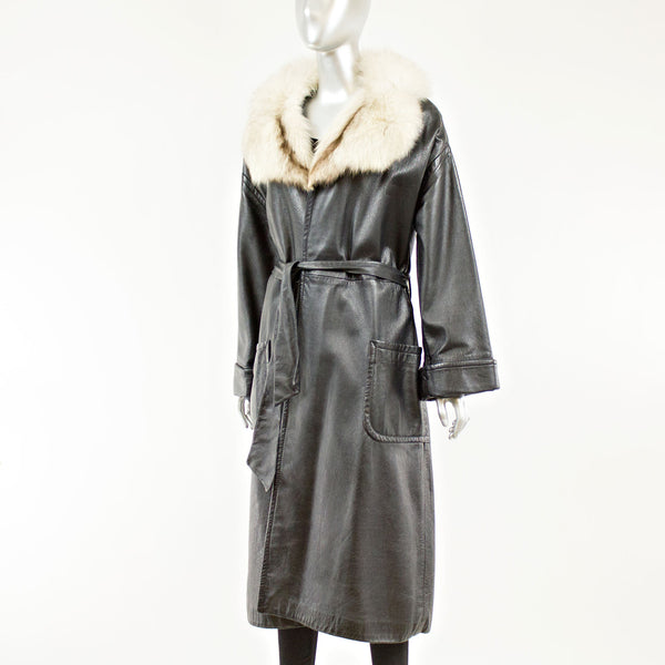 Black Leather Coat with Blue Fox Collar and Belt - Size S/M