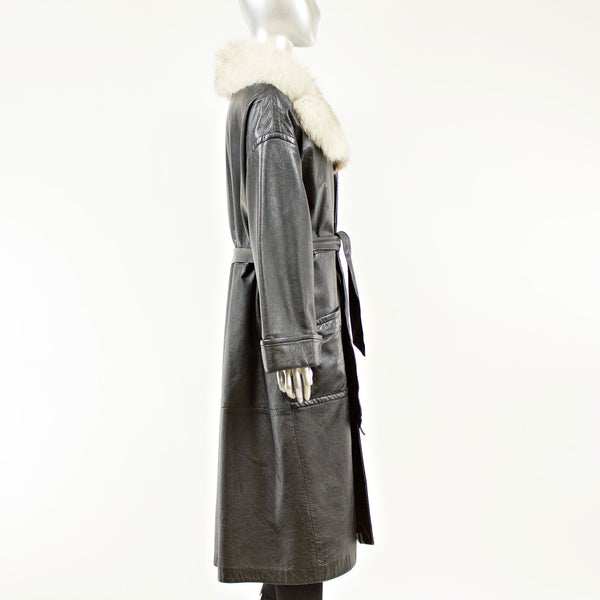 Black Leather Coat with Blue Fox Collar and Belt - Size S/M