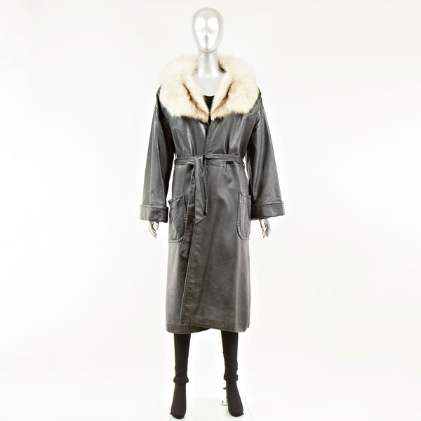 Black Leather Coat with Blue Fox Collar and Belt - Size S/M