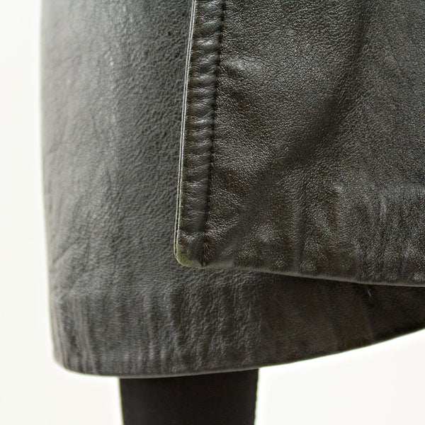 Black Leather Coat with Blue Fox Collar and Belt - Size S/M