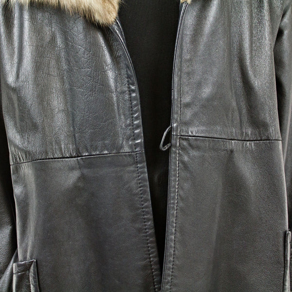 Black Leather Coat with Blue Fox Collar and Belt - Size S/M