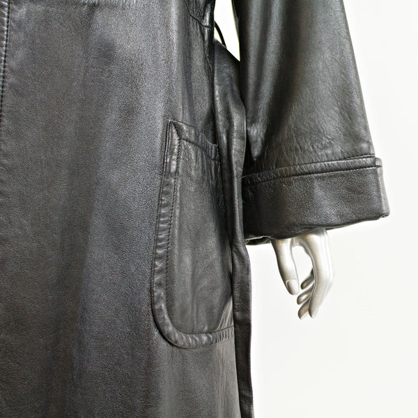 Black Leather Coat with Blue Fox Collar and Belt - Size S/M