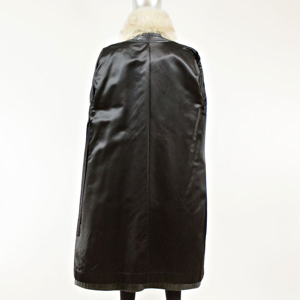 Black Leather Coat with Blue Fox Collar and Belt - Size S/M