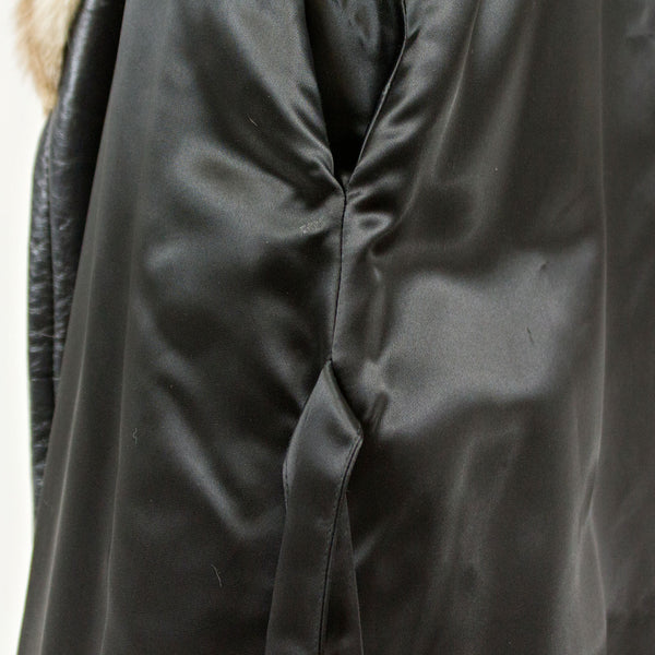 Black Leather Coat with Blue Fox Collar and Belt - Size S/M