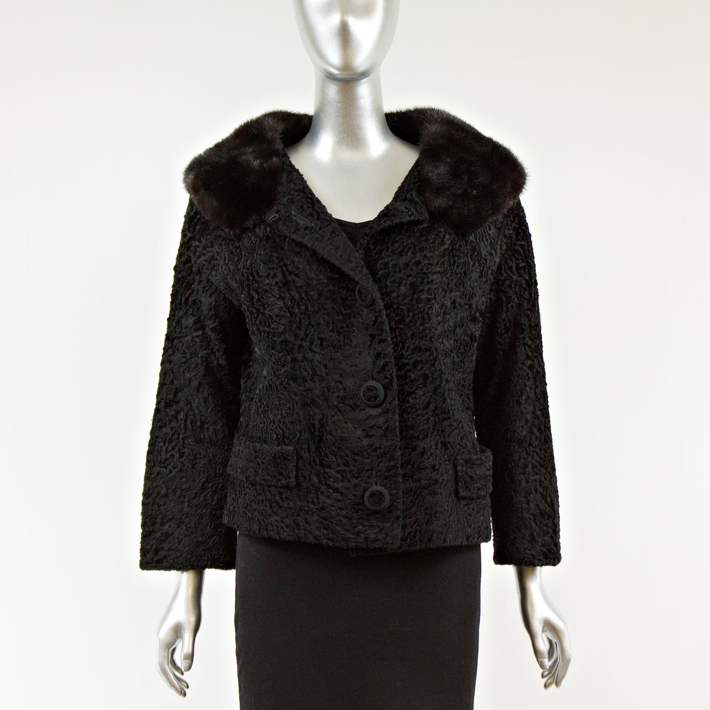 Black Persian Lamb Fur Short Jacket with Mink Collar - Size S