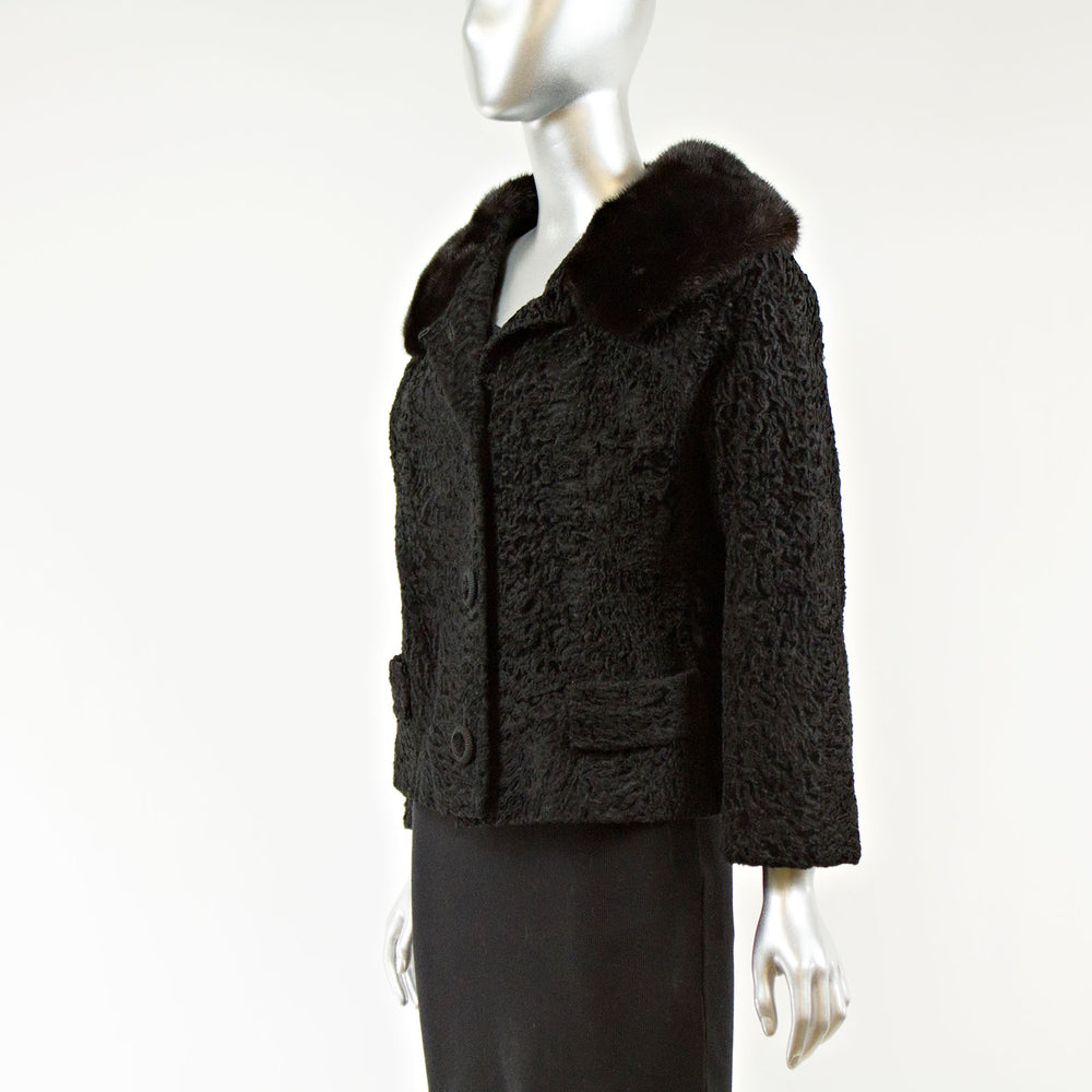 Black Persian Lamb Fur Short Jacket with Mink Collar - Size S