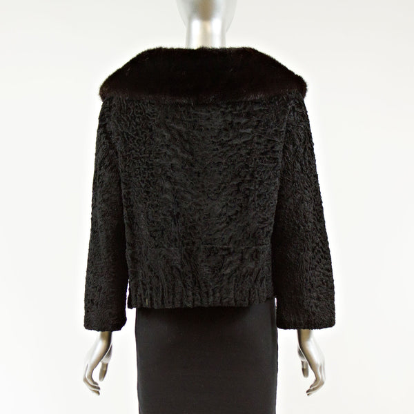 Black Persian Lamb Fur Short Jacket with Mink Collar - Size S