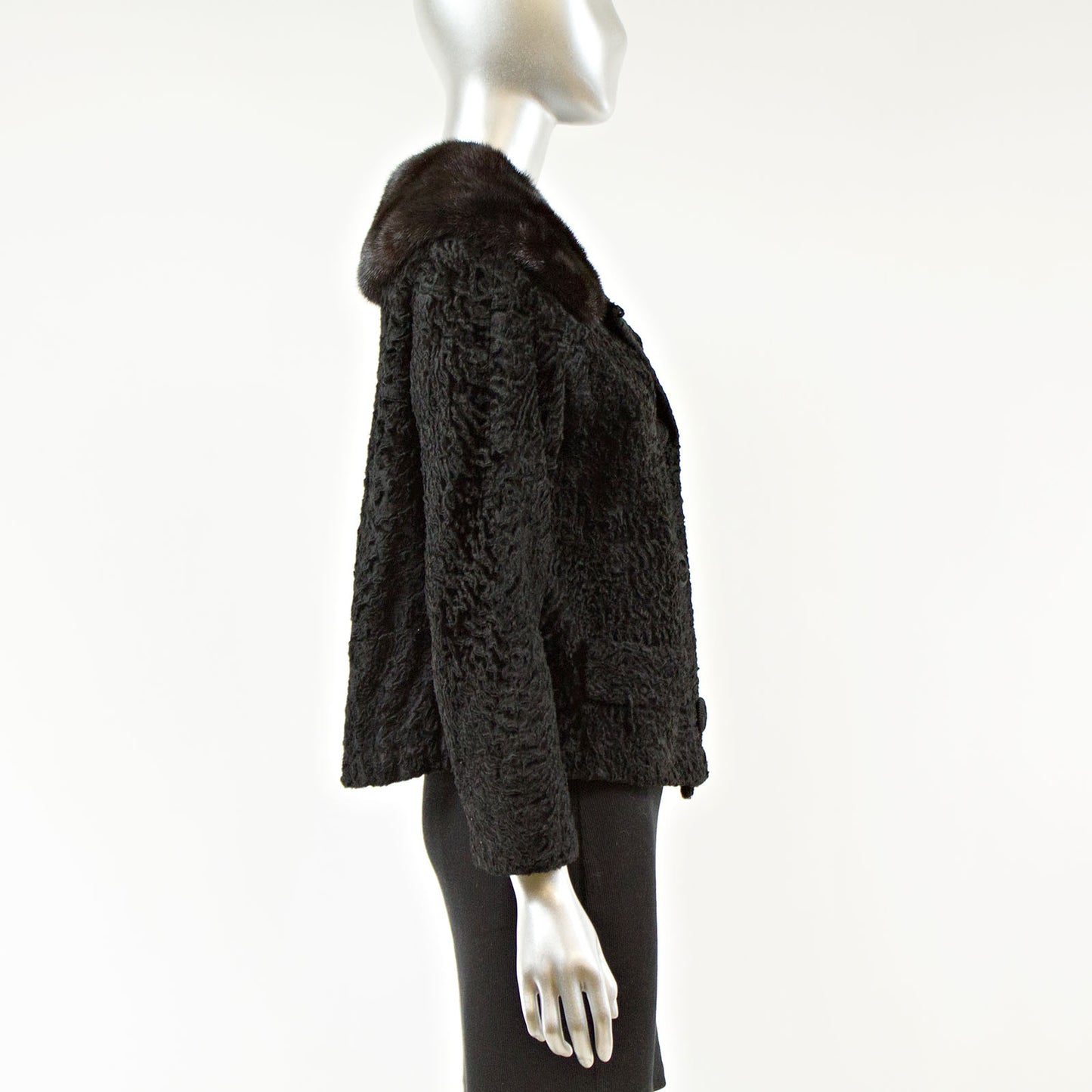 Black Persian Lamb Fur Short Jacket with Mink Collar - Size S