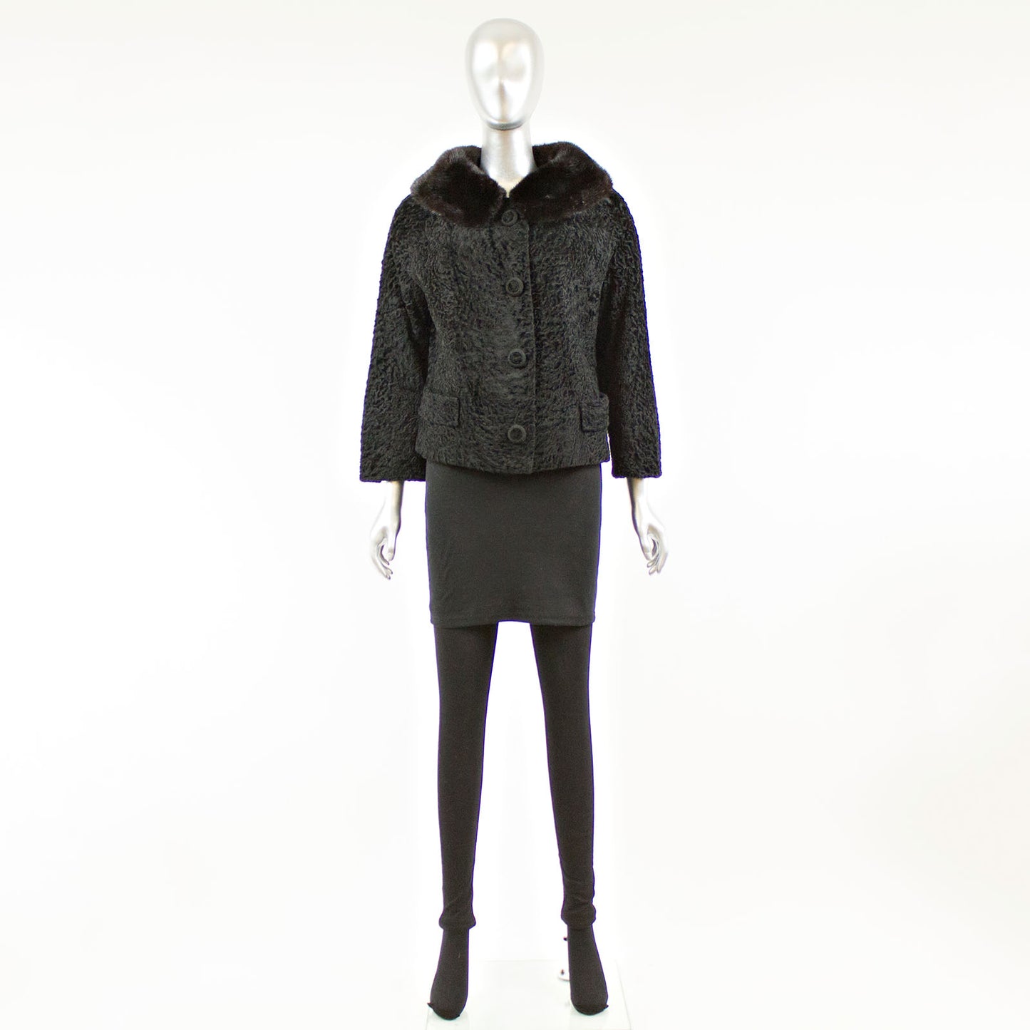 Black Persian Lamb Fur Short Jacket with Mink Collar - Size S