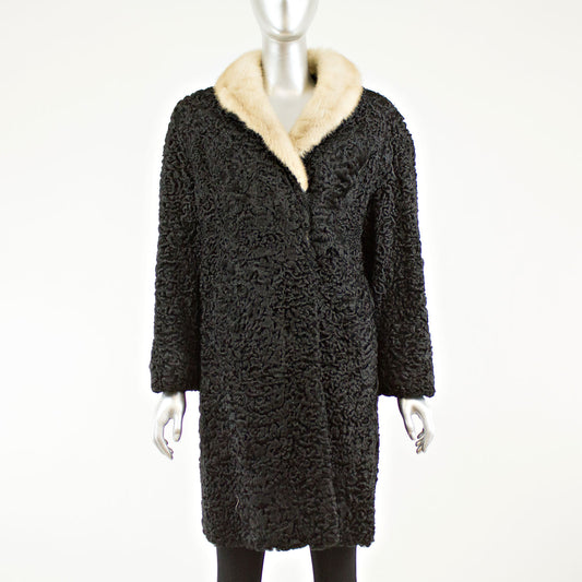 Black Persian Lamb Coat Cream Mink Collar - Size L