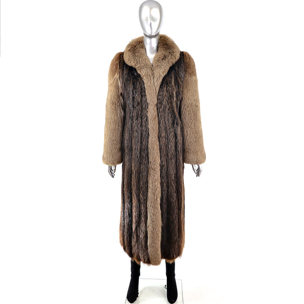 Long Hair Beaver Coat with Fox Tuxedo and Sleeves- Size S-M