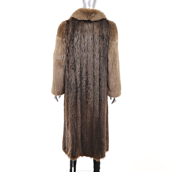 Long Hair Beaver Coat with Fox Tuxedo and Sleeves- Size S-M