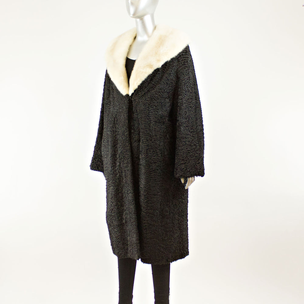 Black Persian Coat White Mink Collar- Size XL (Vintage Furs)
