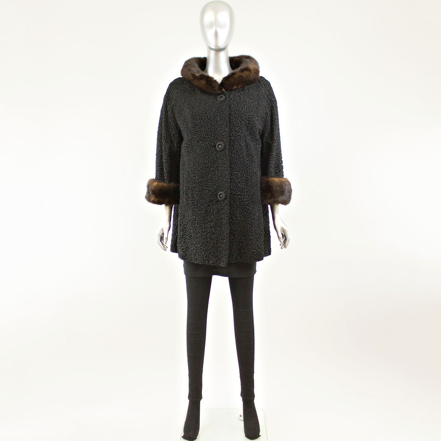 Black Persian Lamb Coat Swing Mink Collar and Cuffs- Size L