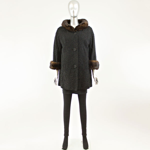 Black Persian Lamb Coat Swing Mink Collar and Cuffs- Size L (Vintage Furs)