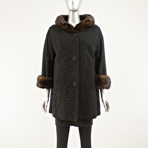 Black Persian Lamb Coat Swing Mink Collar and Cuffs- Size L (Vintage Furs)