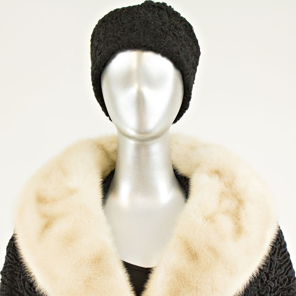 Black Persian Lamb 3/4 Coat with Mink and Two Hats- Size L-XL (Vintage Furs)