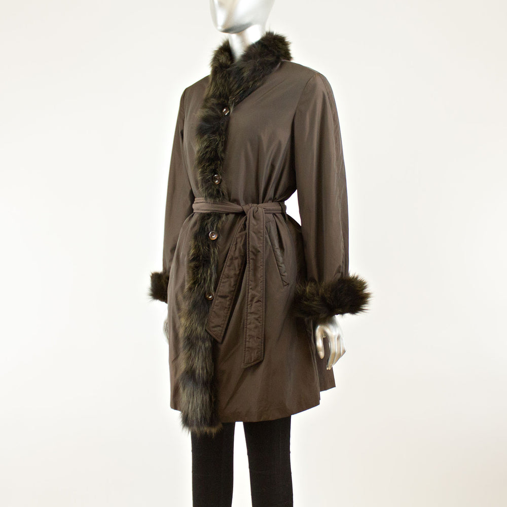 Brown Taffeta Coat with Rabbit Lining and Fox Collar and Cuffs - Size S-M (Vintage Furs)