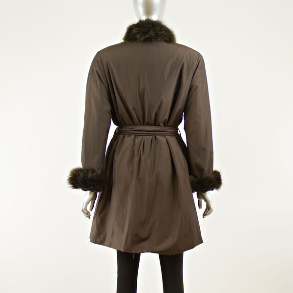 Brown Taffeta Coat with Rabbit Lining and Fox Collar and Cuffs - Size S-M (Vintage Furs)