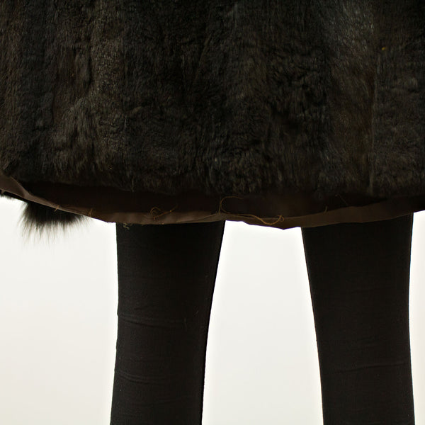 Brown Taffeta Coat with Rabbit Lining and Fox Collar and Cuffs - Size S-M (Vintage Furs)