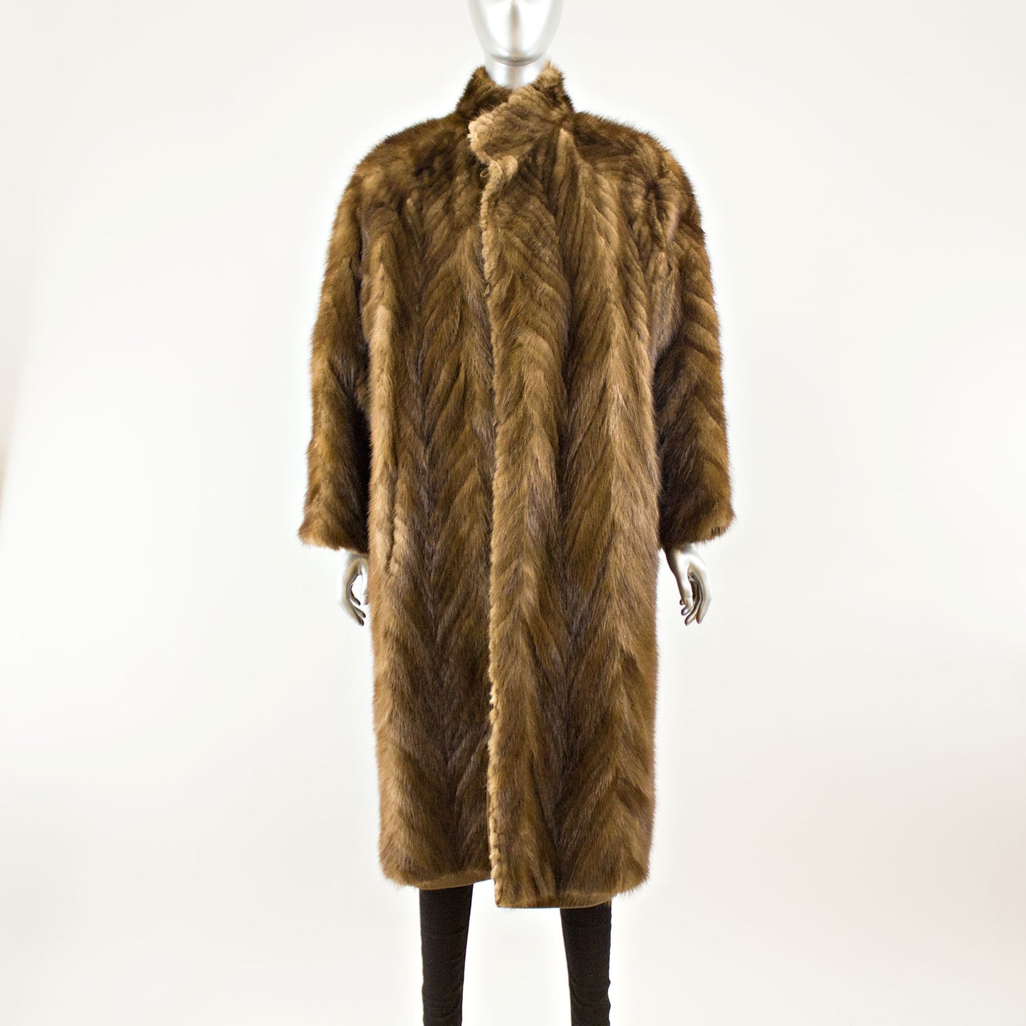 Brown V-Cut Corded Mink Coat Reversible to Leather - Size L