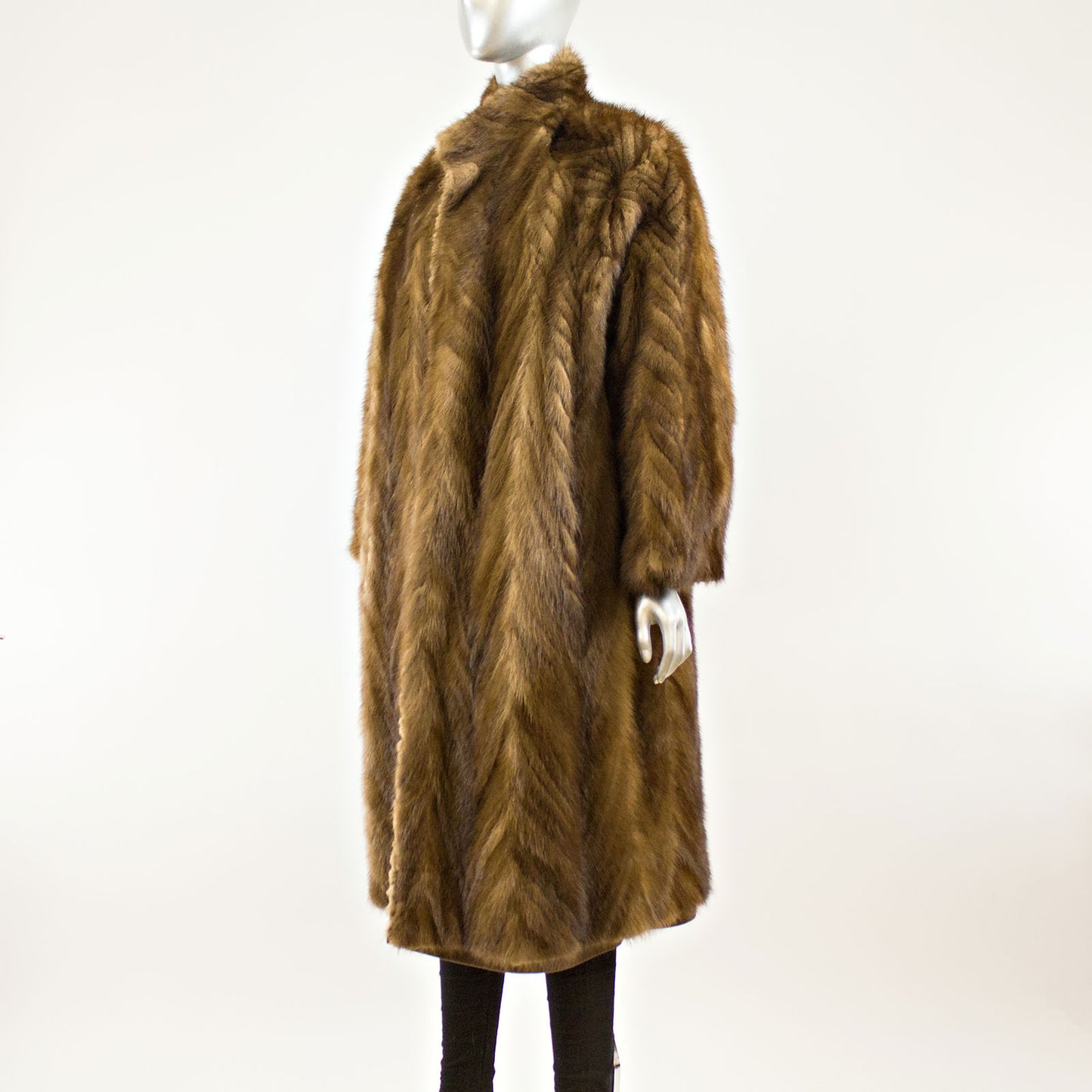 Brown V-Cut Corded Mink Coat Reversible to Leather - Size L