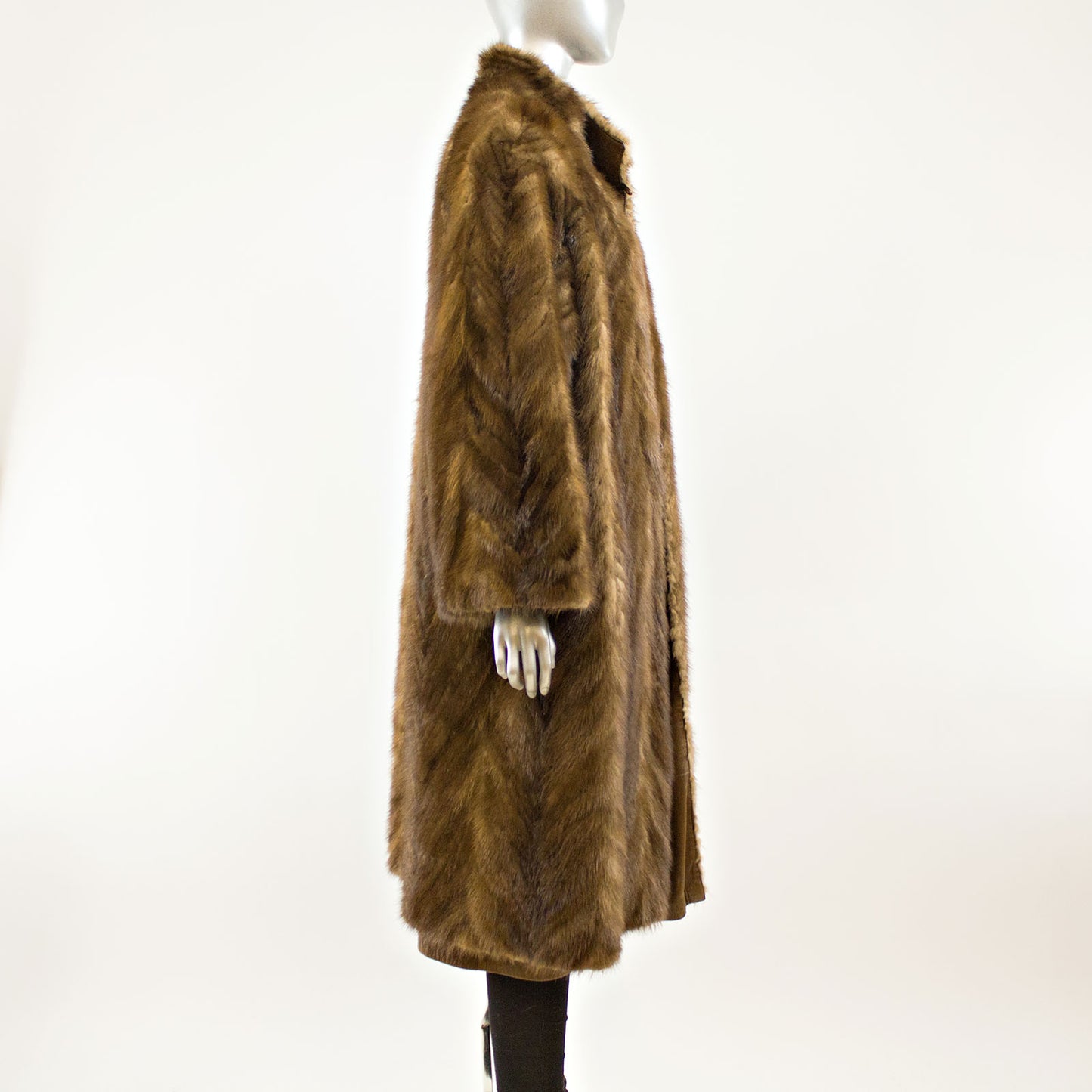 Brown V-Cut Corded Mink Coat Reversible to Leather - Size L