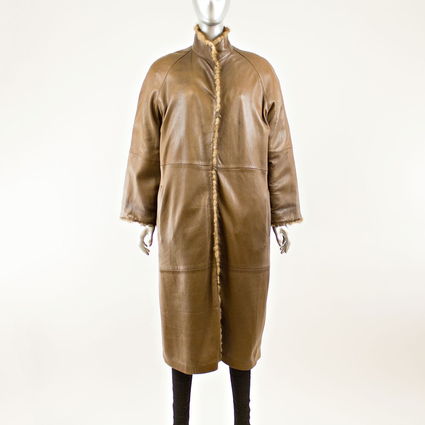 Brown V-Cut Corded Mink Coat Reversible to Leather - Size L