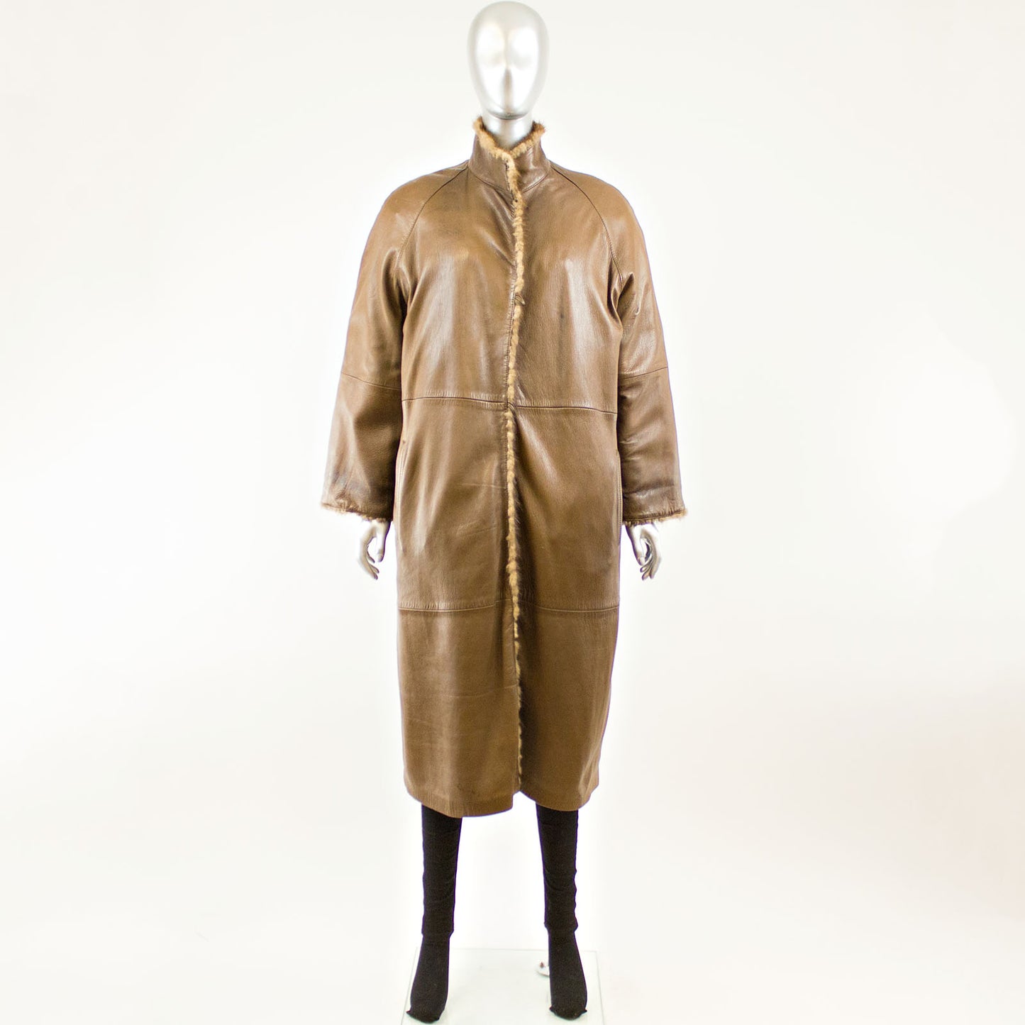 Brown V-Cut Corded Mink Coat Reversible to Leather - Size L
