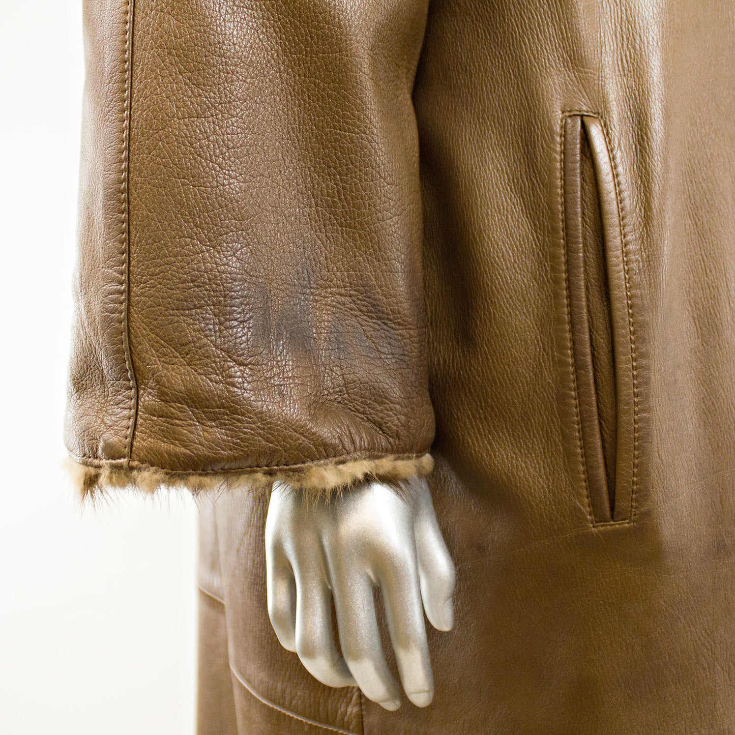 Brown V-Cut Corded Mink Coat Reversible to Leather - Size L
