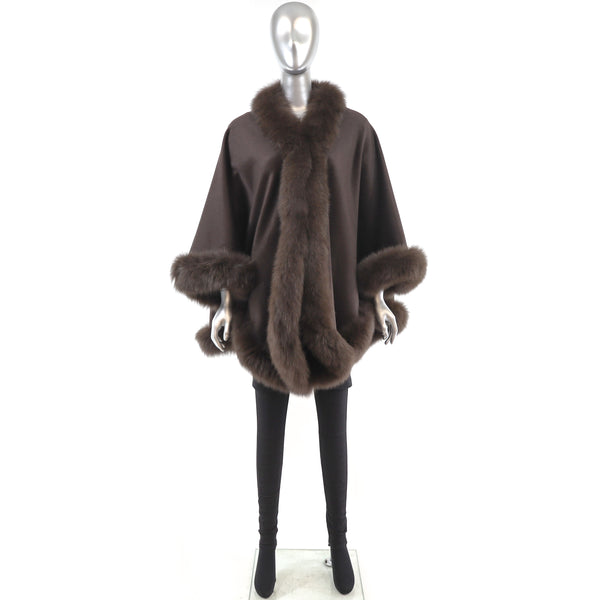 Brown Cashmere Cape with Fox Trim- Size Free
