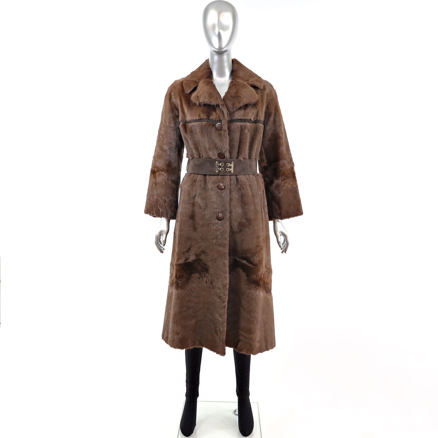 Goat Skin Coat With Leather Belt Fur Size S