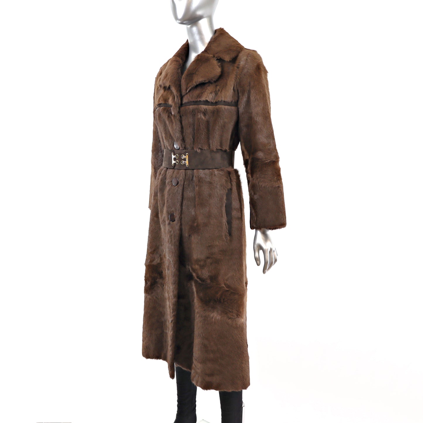 Goat Skin Coat With Leather Belt Fur Size S