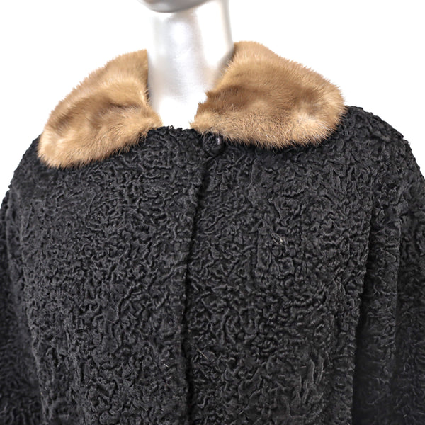 Black Persian Lamb 3/4 Fur Coat With Mink Collar Size S