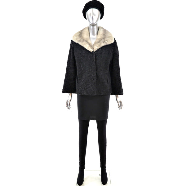 Persian Lamb Jacket with Mink Collar and Matching Hat- Size M