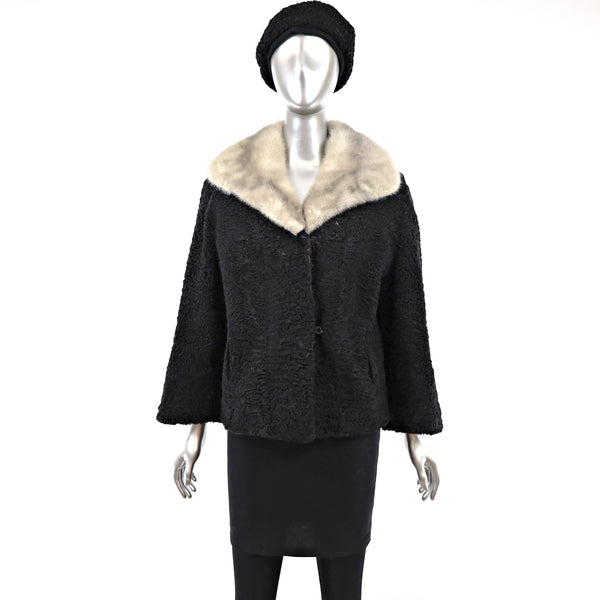 Persian Lamb Jacket with Mink Collar and Matching Hat- Size M