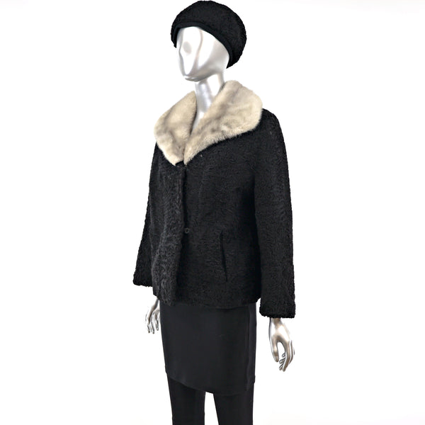 Persian Lamb Jacket with Mink Collar and Matching Hat- Size M