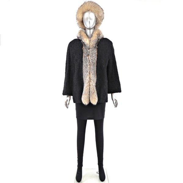 Persian Lamb Jacket with Crystal Fox Tuxedo and Matching Hat- Size S-M
