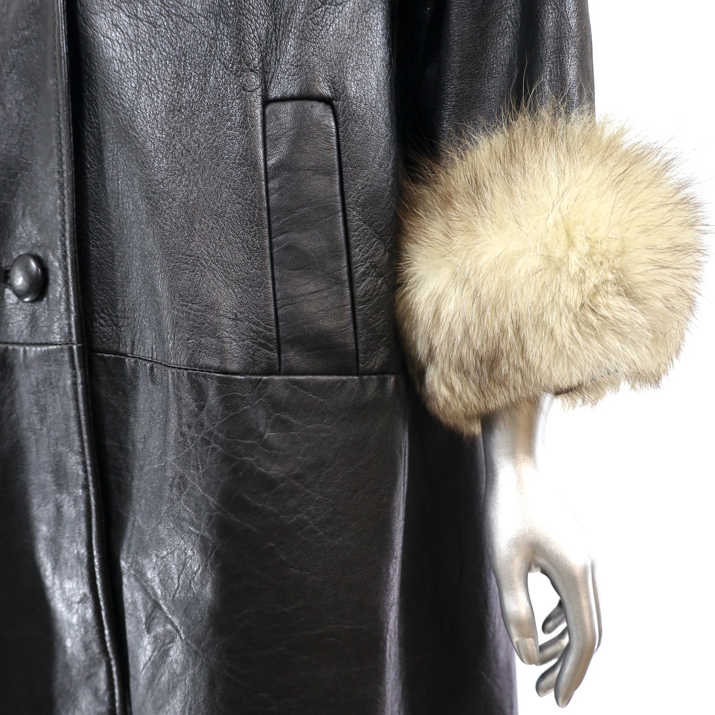 Leather Coat with Blue Fox Trim- Size M